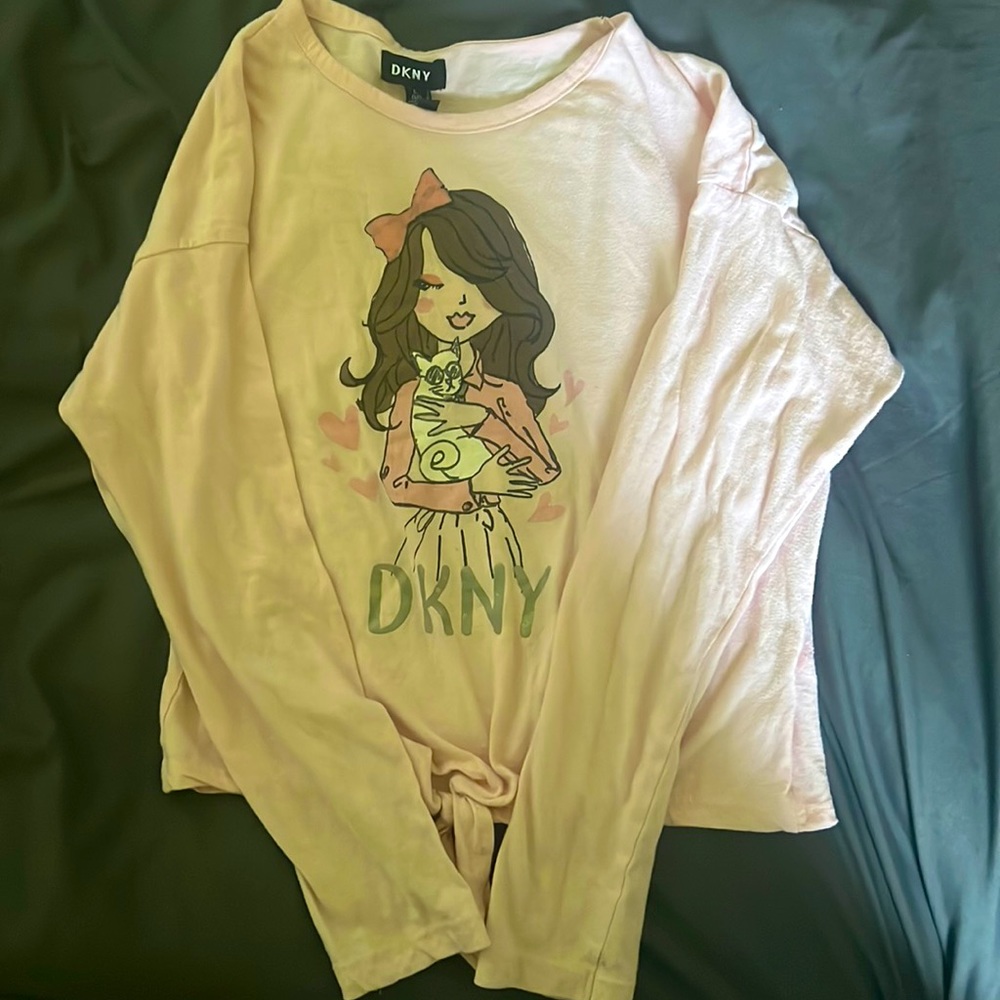 Girls, DKNY, Lt Pink, Long Sleeved, Tie Front/waist SZL/12, Top, w/Girl/Cat Frnt